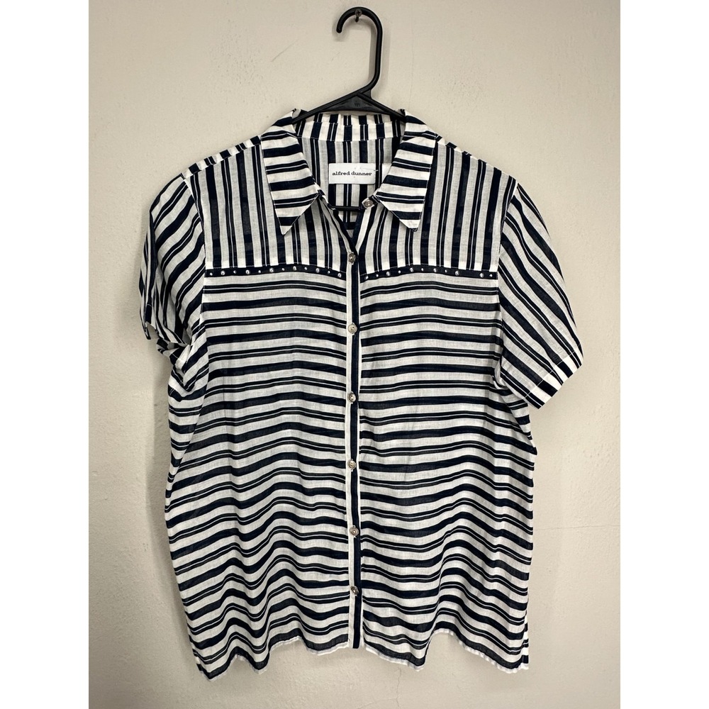 Western Alfred Dunner Shirt 14 Blue White Striped Studded Short Sleeve Button Up
